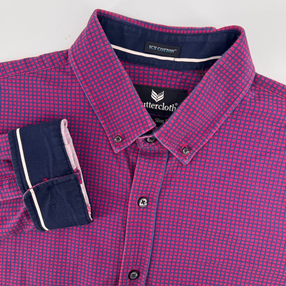 Buttercloth Button Down Shirt Mens XL Red Navy Blue Icy Cotton Slim Fit Stretch